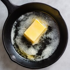 Butter melting in a hot cast iron pan