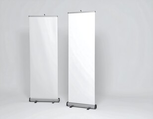 Two blank roll-up banners against a plain background
