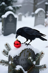 Gothic Christmas: Black Raven Perched on a Snowy Grave with a Red Ornament, Mysterious Winter Cemetery Scene

