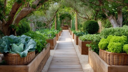 Modern vegetable garden design featuring raised wooden beds filled with lush green plants.
