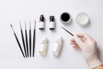 Beautician hand preparing eyebrow tinting kit essentials