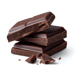 Dark chocolate bar pieces creating delicious stack on white background