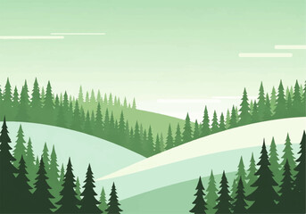 Sunset Winter Forest with Colorful Gradient Sky and Soft Frosted Tree Silhouettes