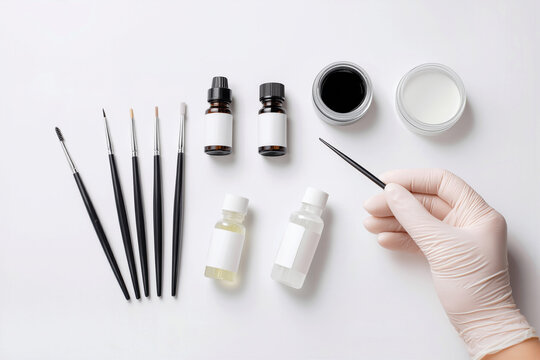Beautician hand preparing eyebrow tinting kit essentials