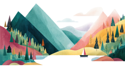 Vector illustration of a summer mountain landscape with a river, house, and sunny sky at sunset