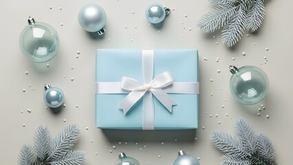 Light blue gift box with white ribbon surrounded by frosty blue christmas ornaments and pine branches on a neutral background