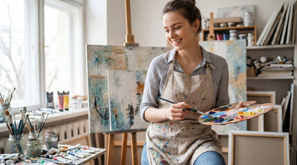 Woman Artist Smiling While Painting at Easel in Art Studio with Colorful Palette