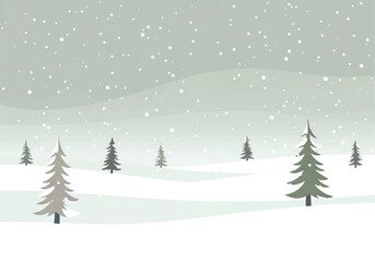 A winter landscape with falling snow and evergreen trees on gentle snowy hills under a grey sky.