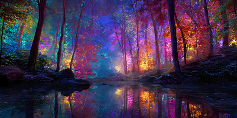 Reflections of Enchanted Light: Forest Dreamscape, ai generated.