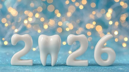 New Year and Christmas card. The numbers 2026 made of teeth with braces instead of garland on blue background with bokeh lights. Congratulations to the dental clinic for 2026. Dentistry. stomatology.