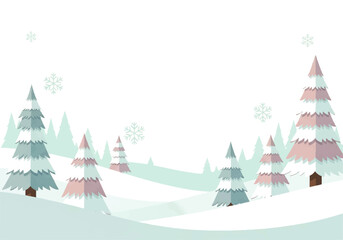 A serene winter landscape illustration with stylized snow-covered pine trees and falling snowflakes on gentle hills.