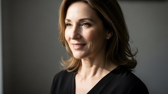 Portrait of a middleaged woman with brown hair looking away from the camera in soft natural light