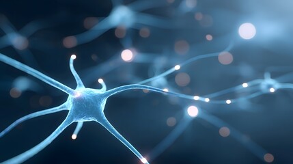 Detailed abstract illust n of vibrant blue neurons with glowing synapses forming an interconnected network symbolizing brain activity information transfer and complex biological systems