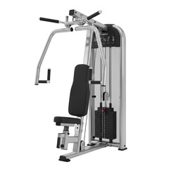 Silver and black weight machine with black seat gym equipment