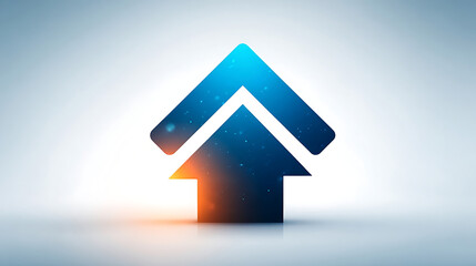 Glowing blue and orange upward pointing arrow icon symbolizing growth progress and digital technology advancement on a light background