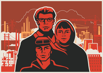 Retro Style Working Propaganda Poster, Working People, Factory, Plant, Construction Site. Vintage Placard Style Vector Illustration