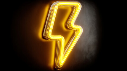 Bright yellow neon lightning bolt sign glowing intensely against a dark dramatic background creating energy