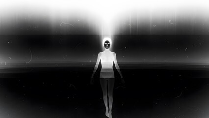 Ascension of a glowing female figure towards a bright light source in a dark, abstract, highcontrast black and white scene, symbolizing spiritual journey or transcendence