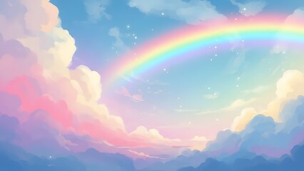 Vibrant animestyle rainbow arching over soft, pastelcolored clouds in a bright blue sky with subtle stars, creating a magical and dreamy atmosphere