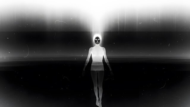 Ascension of a glowing female figure towards a bright light source in a dark, abstract, highcontrast black and white scene, symbolizing spiritual journey or transcendence - Powered by Adobe