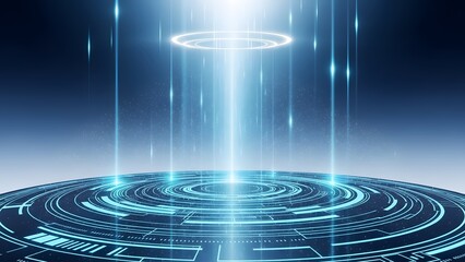Futuristic digital energy beam portal with glowing blue light rays and abstract circuitry base