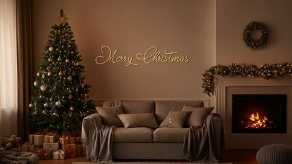 Cozy christmas living room with fireplace and decorated tree