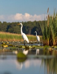 Two egrets in a tranquil marsh