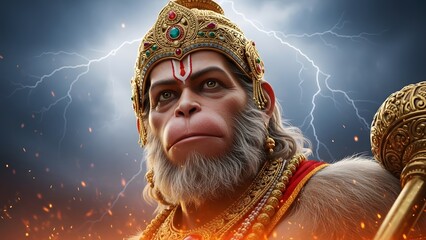 Majestic depiction of lord hanuman, the hindu deity, adorned with intricate golden crown and jewelry, set against a dramatic stormy sky with lightning and fiery elements