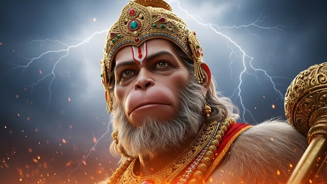 Majestic depiction of lord hanuman, the hindu deity, adorned with intricate golden crown and jewelry, set against a dramatic stormy sky with lightning and fiery elements