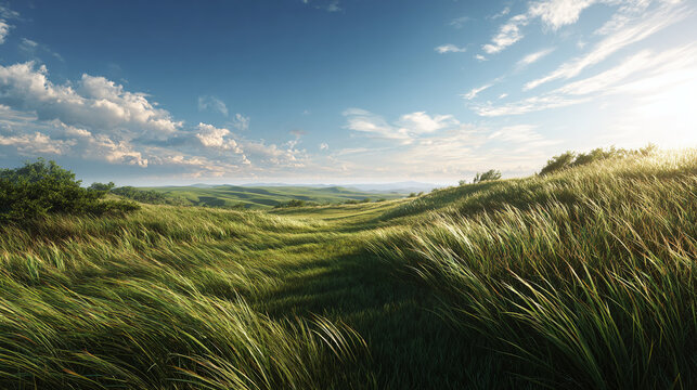 An open field with tall green grass, under a vast blue sky, creating a picturesque natural landscape. The grass sways gently in the breeze