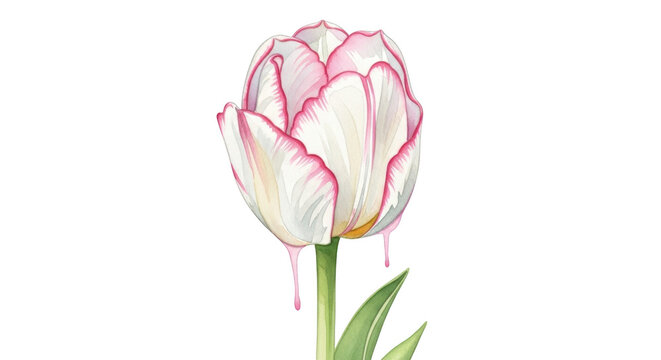 White tulip with pink edges dripping on black background