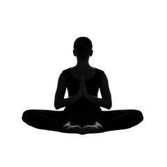 Woman in lotus pose with hands in prayer silhouette