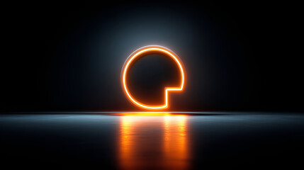 Glowing orange neon letter g shape floats above a reflective dark surface creating a futuristic abstract background design