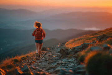 Obraz premium Athletic woman trail running on mountain path at sunset. Female runner training in scenic nature landscape during golden hour. Healthy lifestyle and freedom concept
