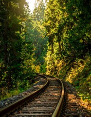 Sunlight filters through a dense forest, illuminating a curving railway track