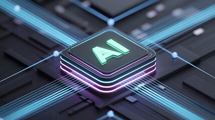 Futuristic AI processor core glowing with neon layers and advanced digital circuits representing high tech machine intelligence data processing cyber innovation and modern electronic connectivity