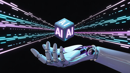 Futuristic robotic hand presenting a glowing AI cube with neon data streams representing advanced artificial intelligence machine learning digital technology automation and high tech cyber innovation