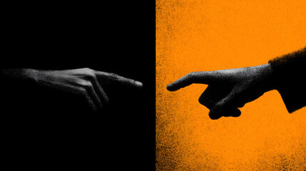 Two pointing hands separated by a stark vertical line contrasting deep shadow and vibrant orange texture symbolizing connection or division