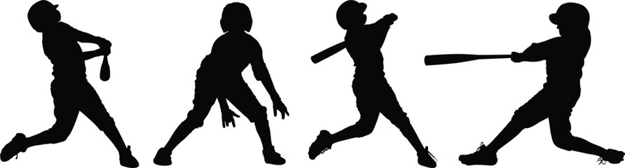 Baseball player silhouettes batting action poses, Batter swinging silhouette sports vector