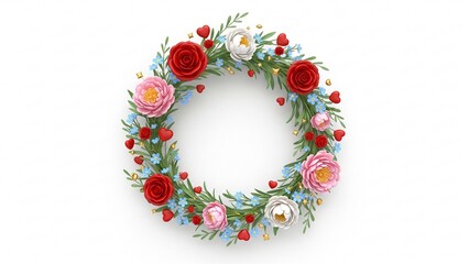 Floral love wreath with roses, peonies and hearts on white background