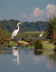 Two egrets on a lily pad-covered river