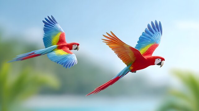Two colorful aws one with orange and red wings the other with yellow and blue soar through a clear blue sky with blurred tropical foliage in the background