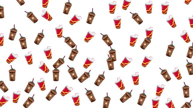 Scattered pattern of brown coffee cups and red drinks perfect for cafe menus, coffee shop promotions, and beveragerelated designs.
