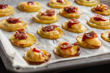 Step-by-Step Preparing Potato Patty Appetizer with Brie, Cranberry Jam, and Bacon