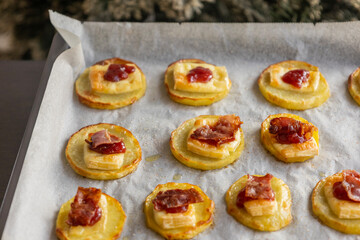 Step-by-Step Preparing Potato Patty Appetizer with Brie, Cranberry Jam, and Bacon