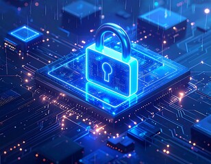 Glowing padlock atop an illuminated blue circuit board, surrounded by bright nodes and digital streams in a dark atmosphere