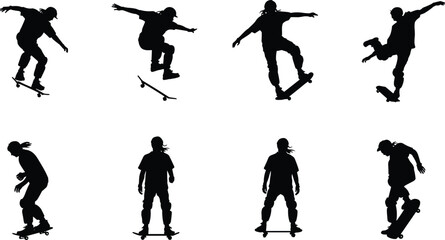 Skateboarder silhouette vector illustration, trick and motion poses, street sport action, cad drawing flat vector illustration, extreme athlete design