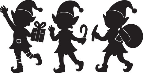  Festive Christmas elf silhouettes vector illustration in various poses, capturing holiday spirit and charm