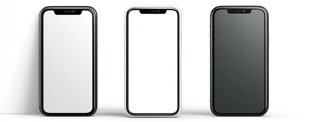Three phones standing upright, two with white screens, one gray, against white