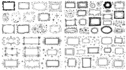 A playful collection of hand drawn decorative frames in artistic doodle style featuring whimsical borders and creative shapes ideal for journaling, scrapbooking, and stationery design.
